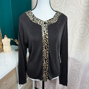 Vintage NWT Jospeh A Leopard Trim Brown Cardigan 100% Silk Y2K Animal Print